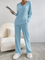 Ribbed Knit Long Sleeve Top Pants Set (11)