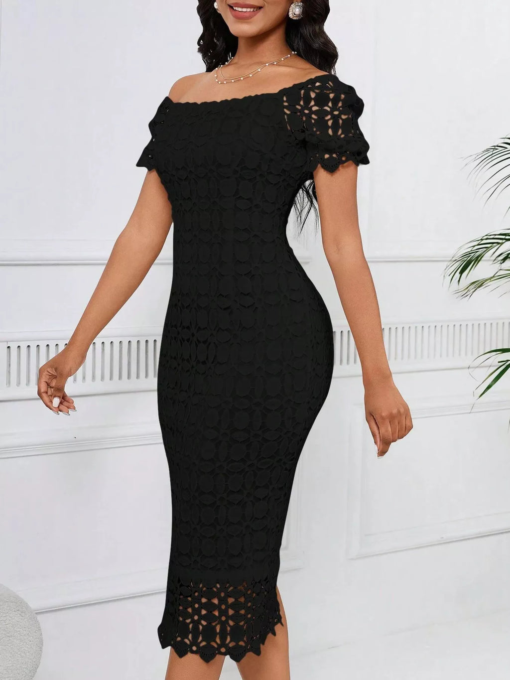 Lace Short Sleeve Midi Dress (11)