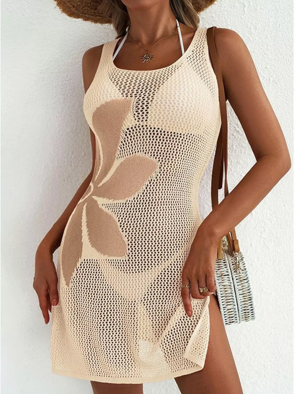 Side Slit Flower Crochet Knit Cover Up Dress (6)