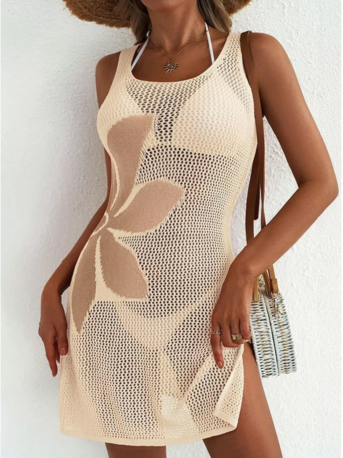 Side Slit Flower Crochet Knit Cover Up Dress (6)