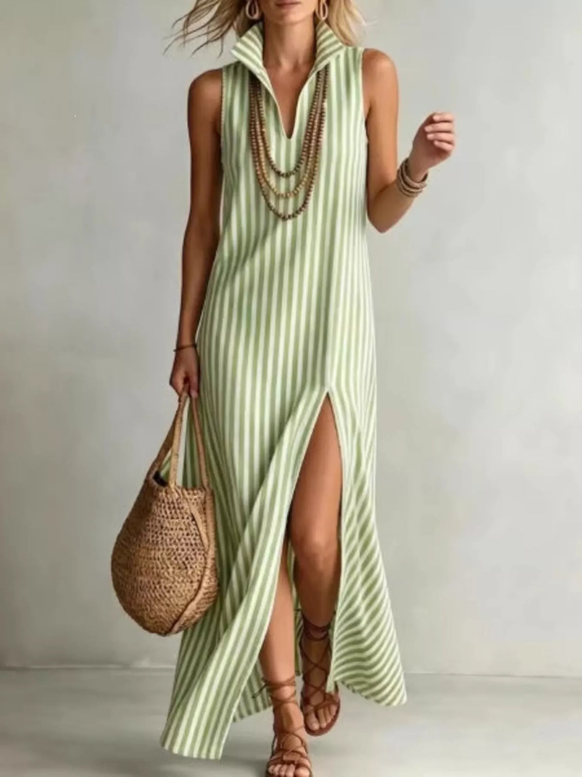 Full Size Striped Maxi Dress High Slit Plus (3)