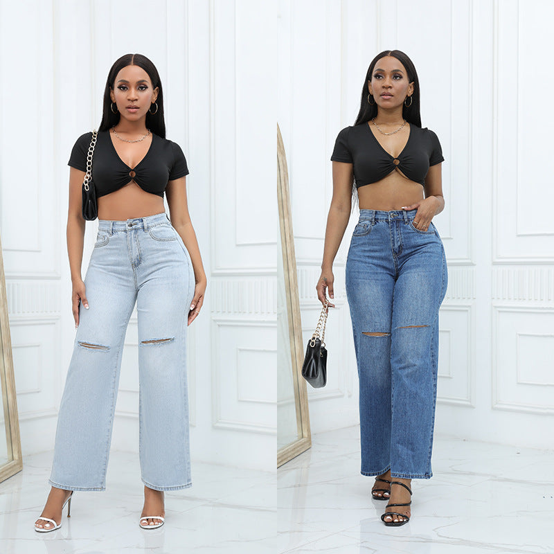 Elegant Ripped Wide-leg Jeans photo 4
