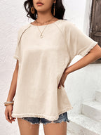 Round Neck Raglan Sleeve Fringe Detail Top (8)