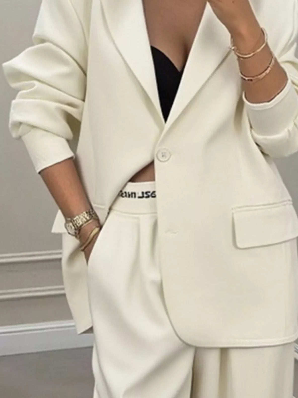 Full Size One Button Blazer Wide-leg Pants Set Plus (6)