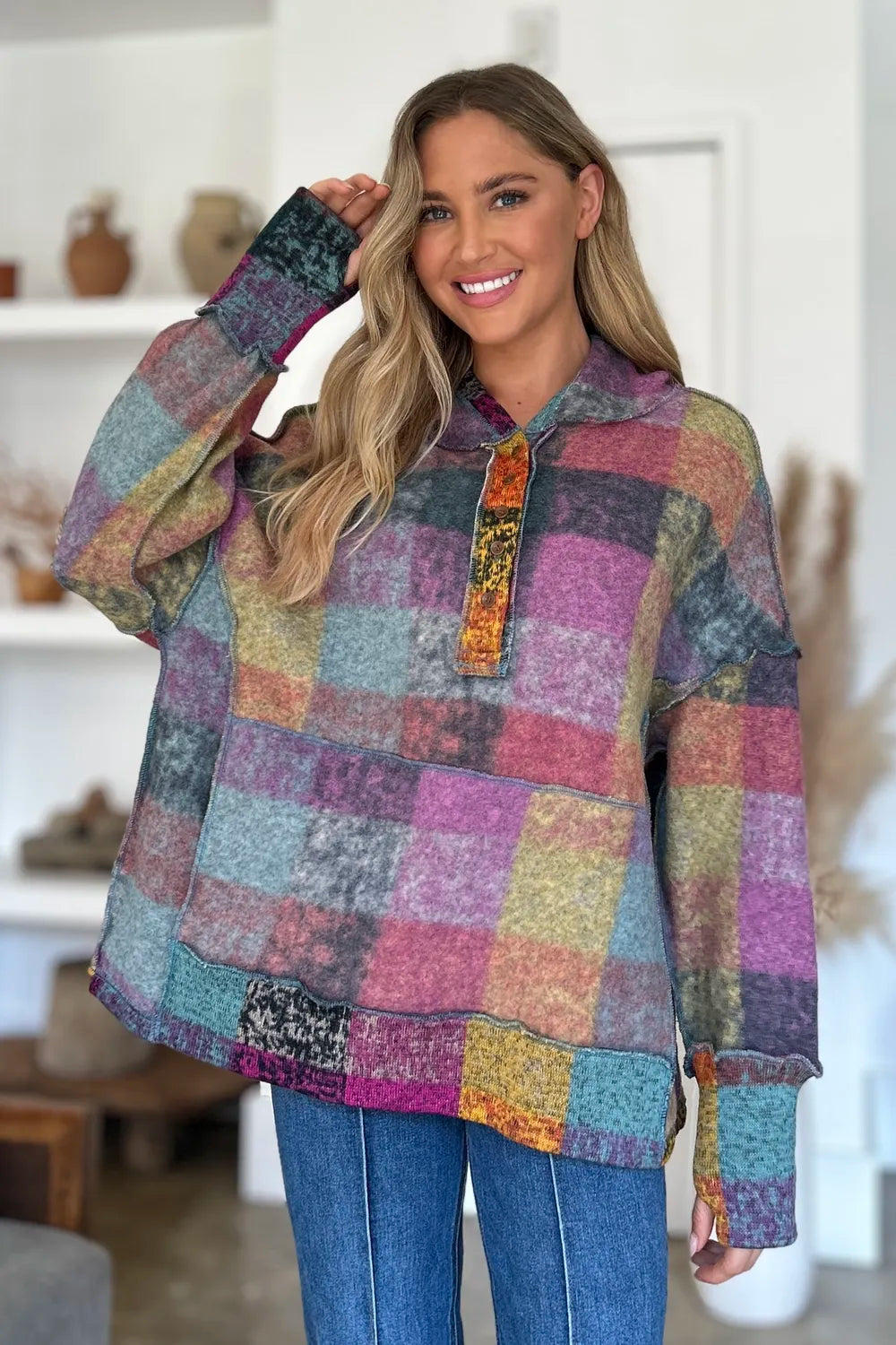 Full Size Plaid Dropped Shoulder Fleece Hoodie Plus (13)