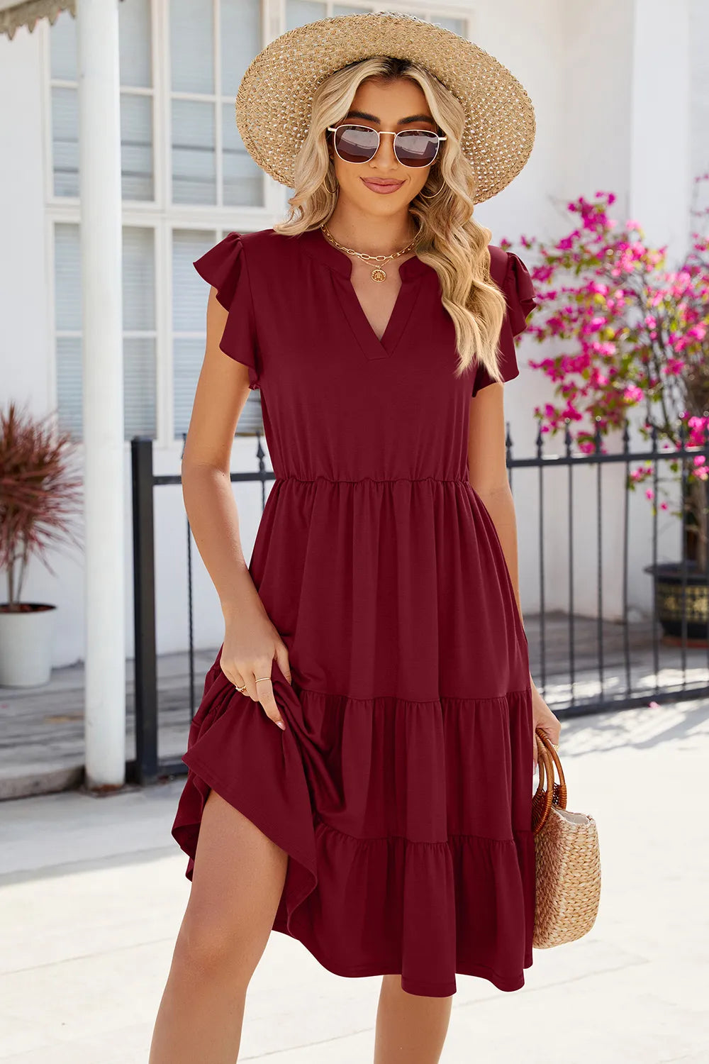 Ruched Notched Cap Sleeve Dress (19)