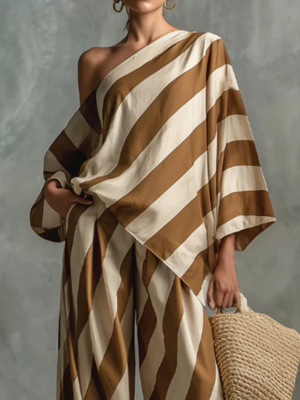 Full Size One-shoulder Striped Top Wide-leg Pants Set Plus (4)