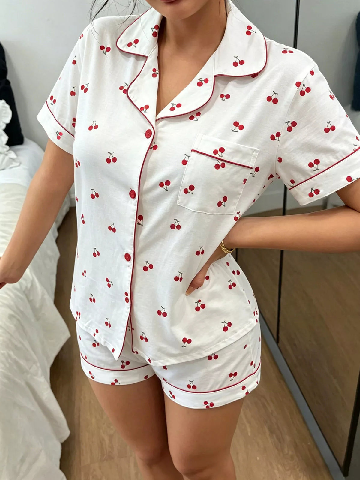 Heart Print Button-down Short Sleeve Top Shorts Lounge Set (10)