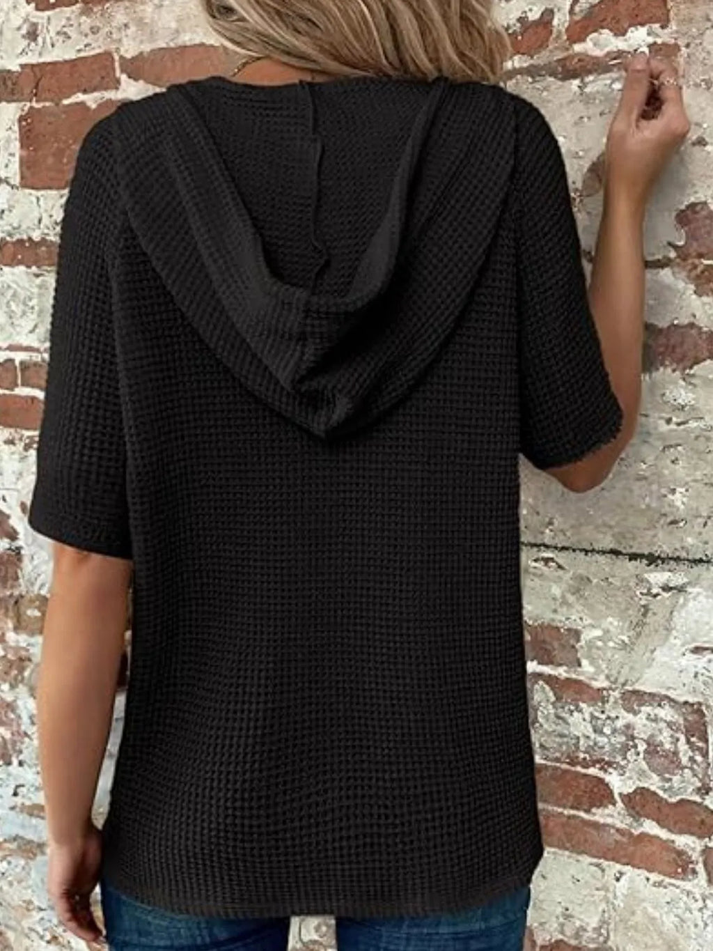 Drawstring Waffle-knit Short Sleeve Hooded Top (7)
