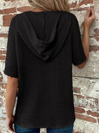 Drawstring Waffle-knit Short Sleeve Hooded Top (7)