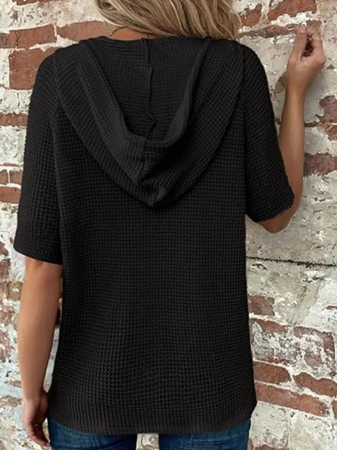 Drawstring Waffle-knit Short Sleeve Hooded Top (7)