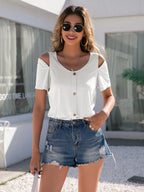 Decorative Button Round Neck Cold Shoulder T-shirt