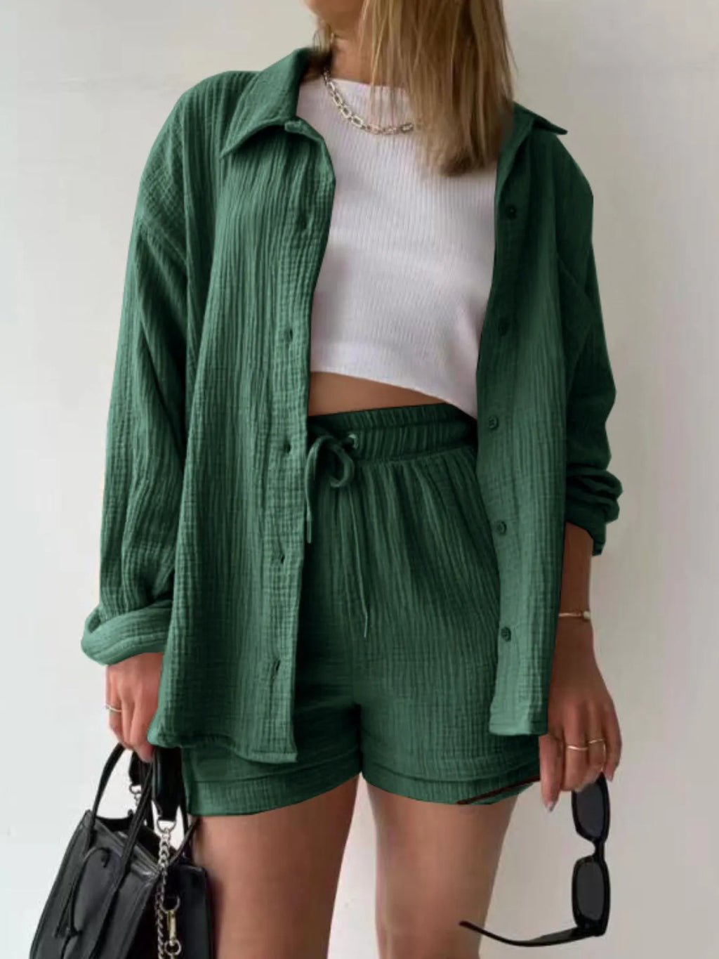 Textured Button Up Shirt Shorts Set (12)
