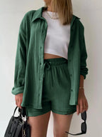 Textured Button Up Shirt Shorts Set (12)