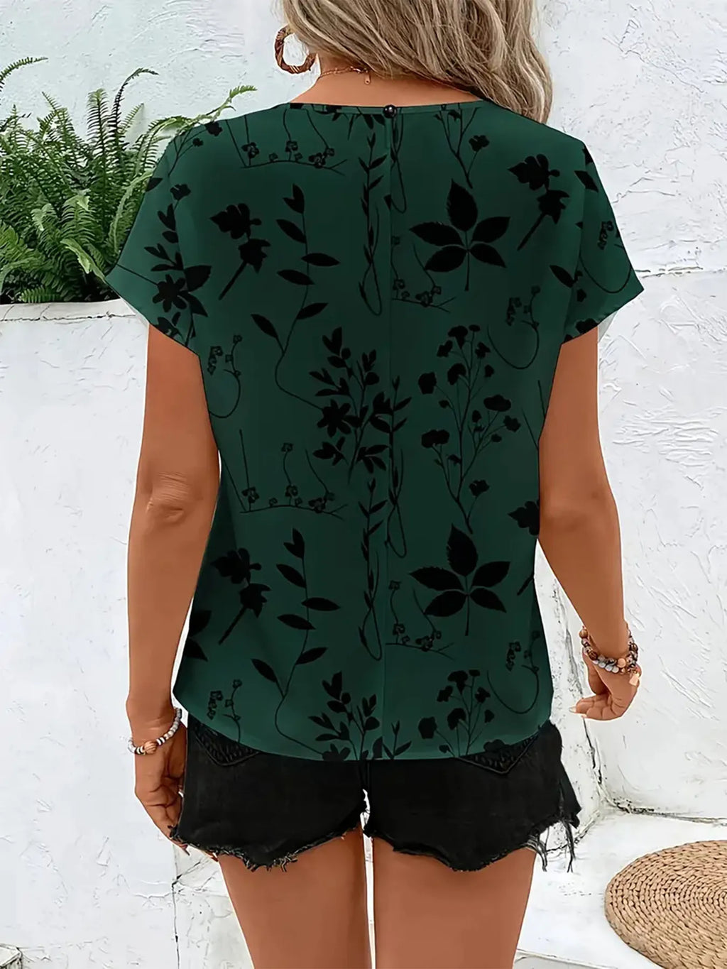 Printed Round Neck Short Sleeve Blouse (14)