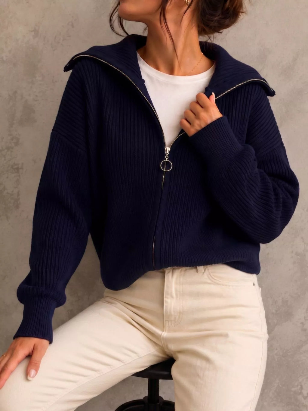 Zip Up Dropped Shoulder Cardigan (17)