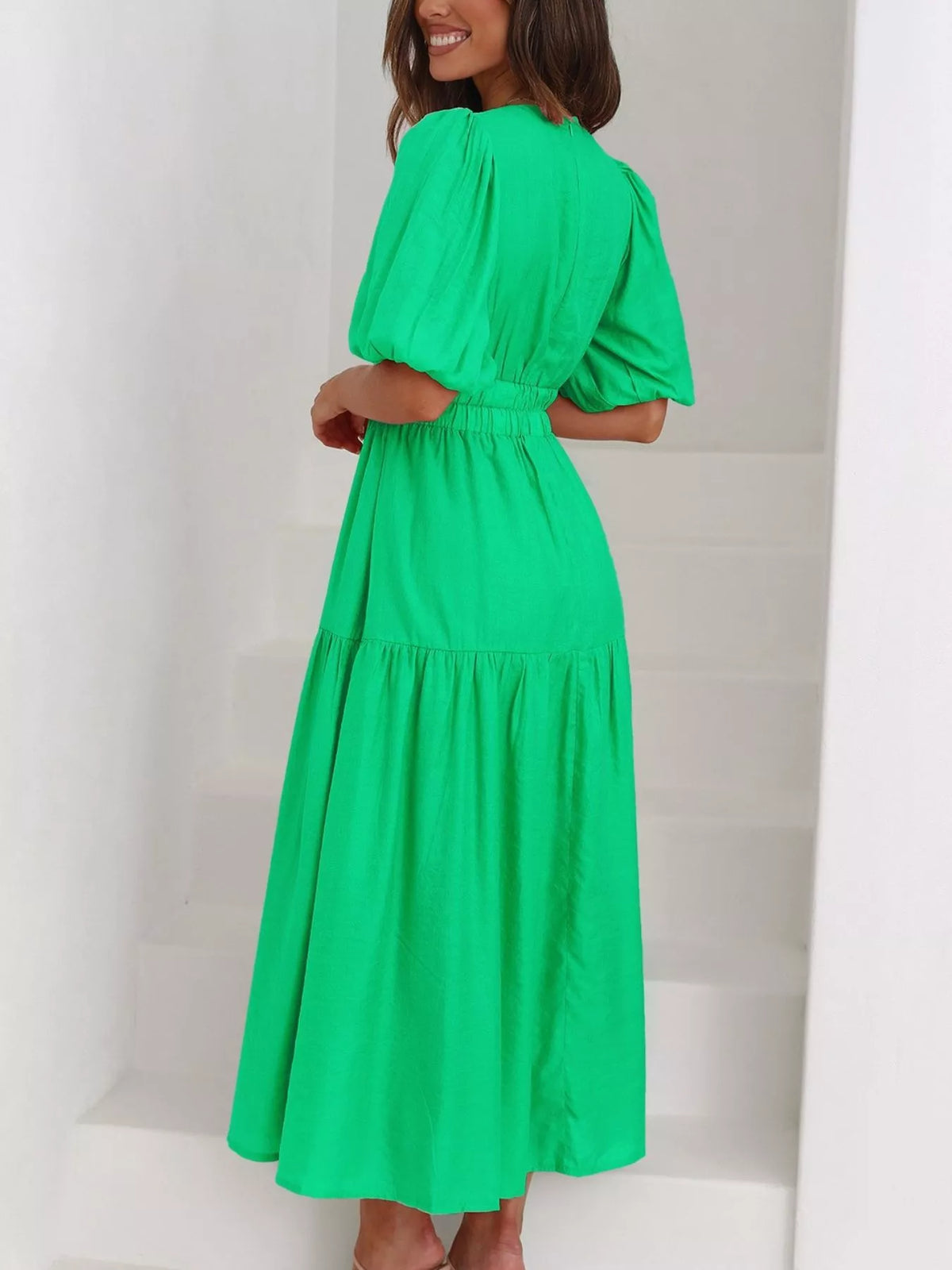 V-neck Puff Sleeve Midi Dress (32)