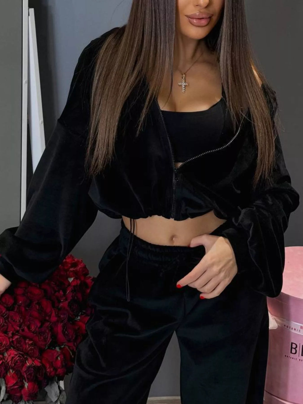 Zip Up Cropped Outerwear Pants Set (29)