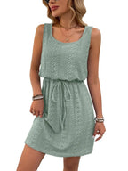 Eyelet Drawstring Round Neck Sleeveless Dress (14)