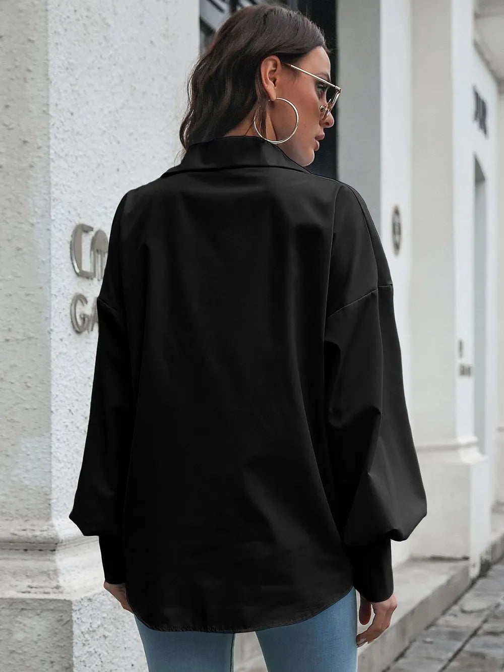 Button Up Dropped Shoulder Lantern Sleeve Shirt (15)