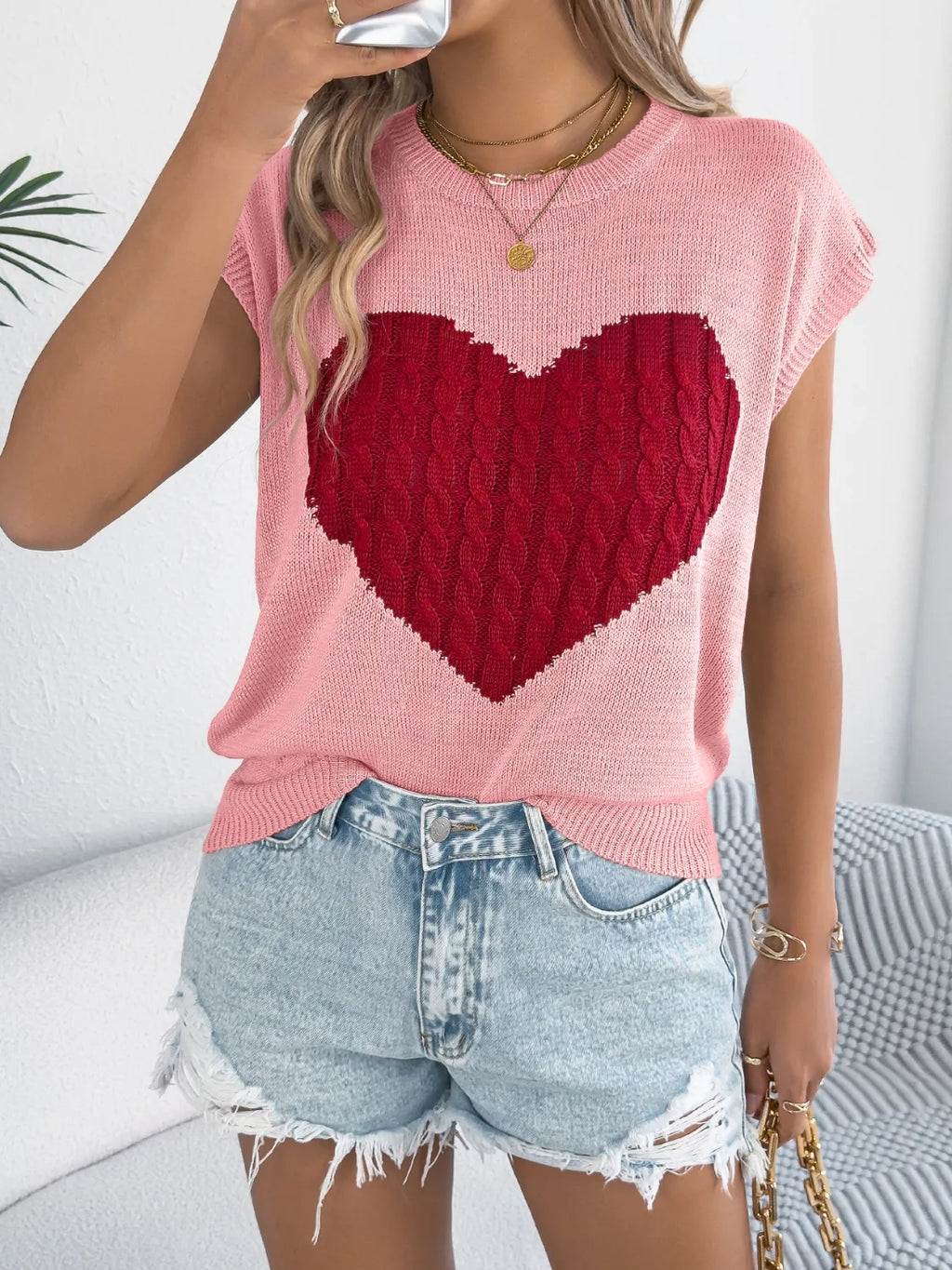 Cable Knit Heart Round Neck Cap Sleeve Top (6)
