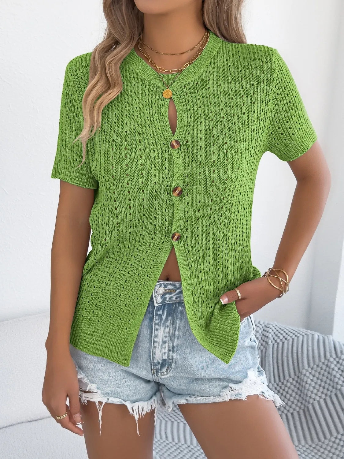 Button Up Short Sleeve Knit Cardigan (3)