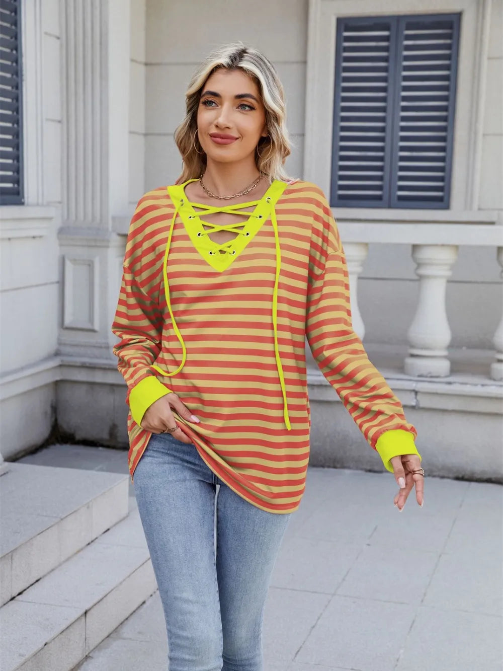 Lace-up Striped Long Sleeve T-shirt (10)