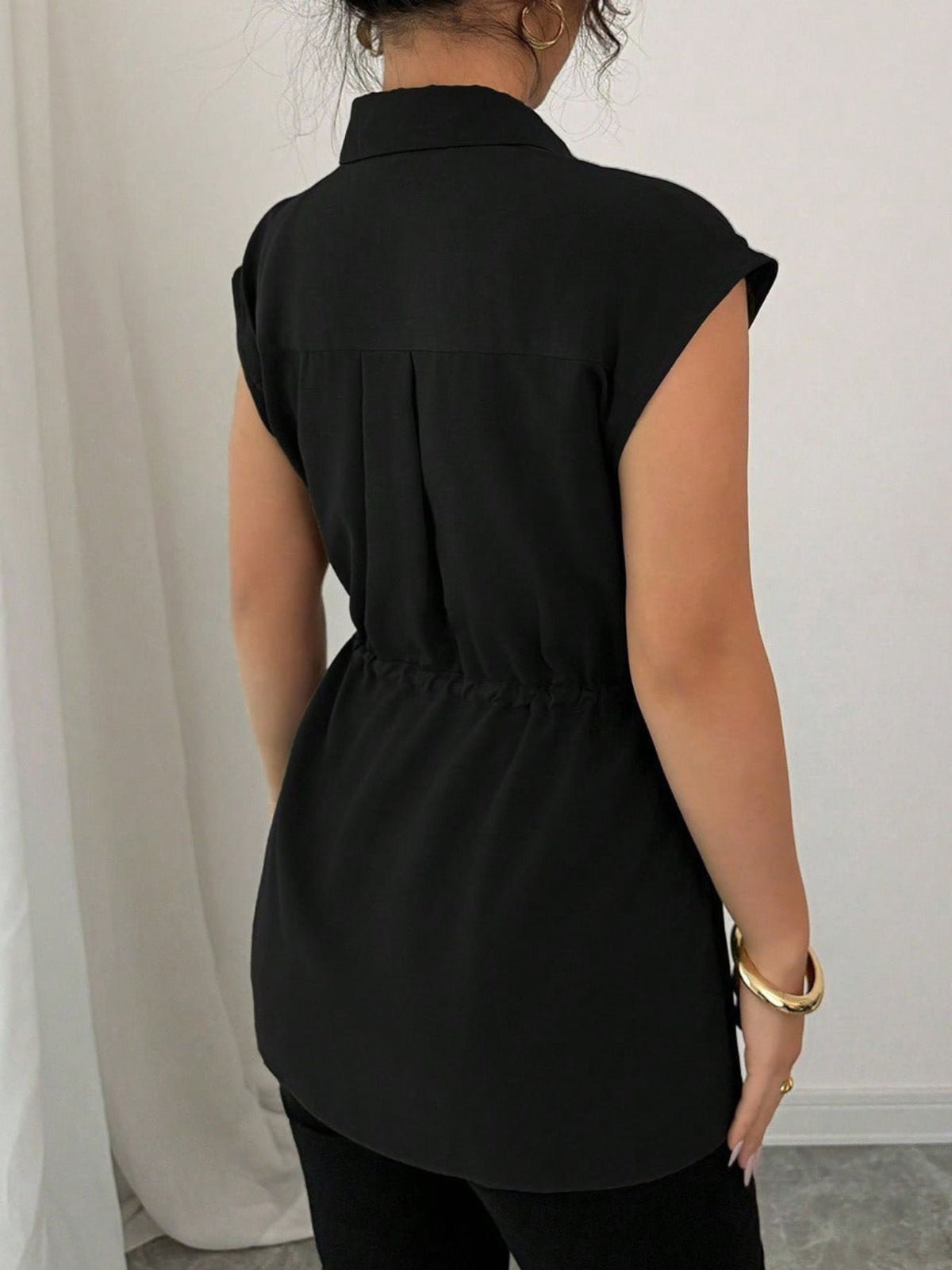 Drawstring Waist Cap Sleeve Shirt (14)