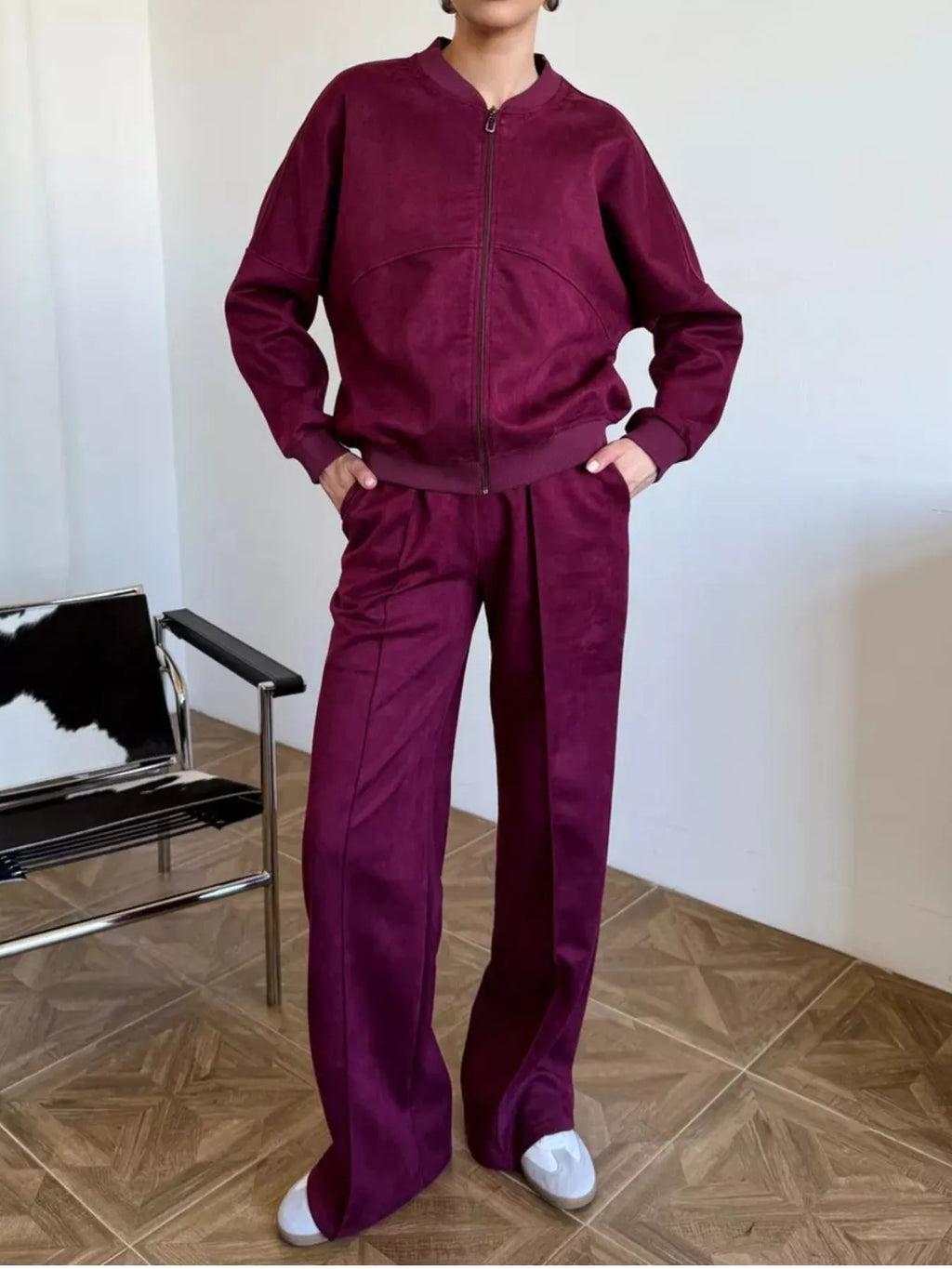 Zip Up Sweatshirt Wide-leg Pants Set (22)
