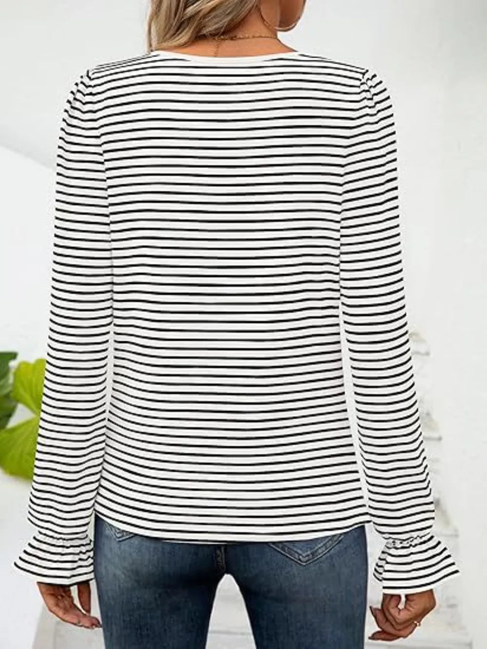 Striped Square Neck Flounce Sleeve Top (11)