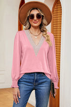 Lace Detail V-neck Lantern Sleeve T-shirt (8)