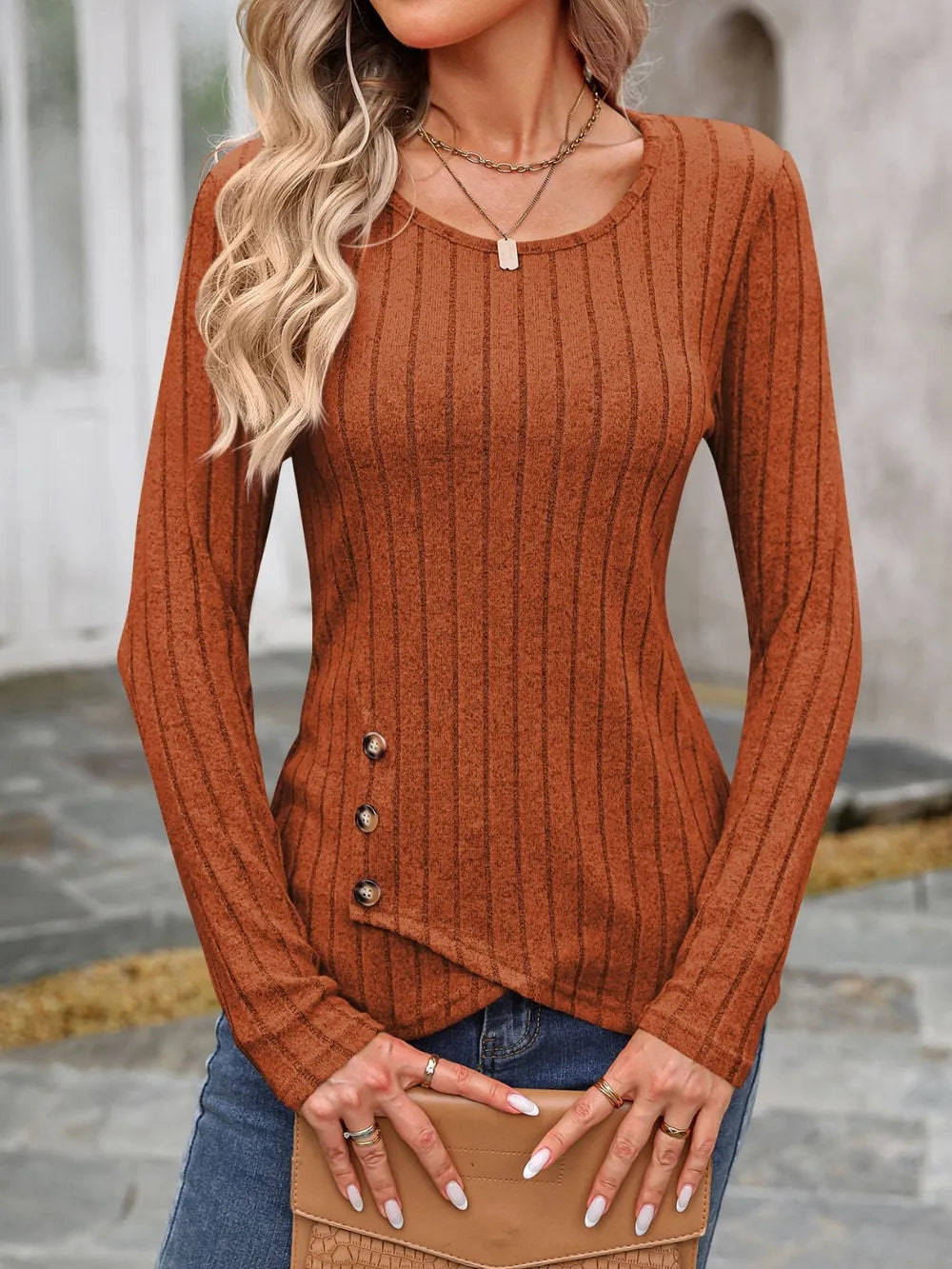 Decorative Button Round Neck Long Sleeve T-shirt (16)