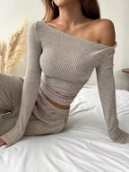 Ribbed Knit Boat Neck Top Pants Set (2)