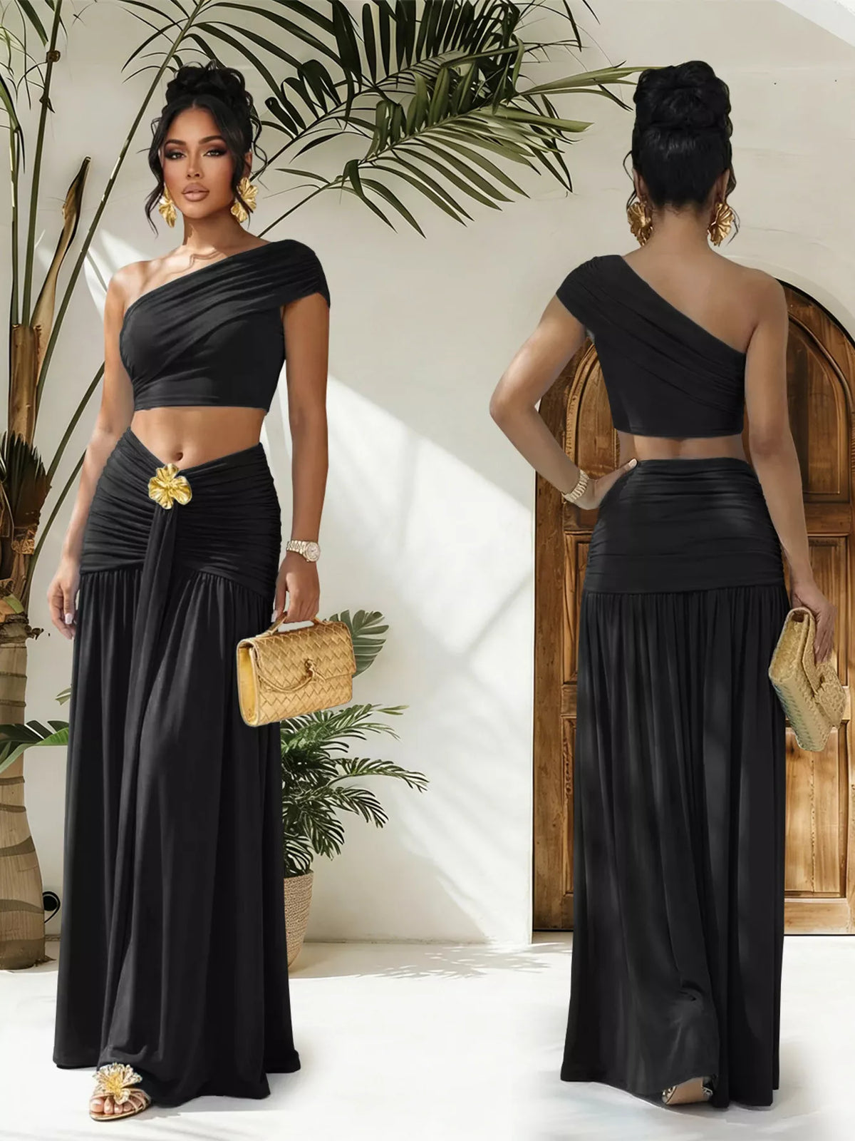 One-shoulder Top Ruched Maxi Skirt Set (9)