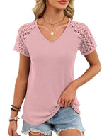 Lace Sleeve V-neck Waffle Knit T-shirt (23)