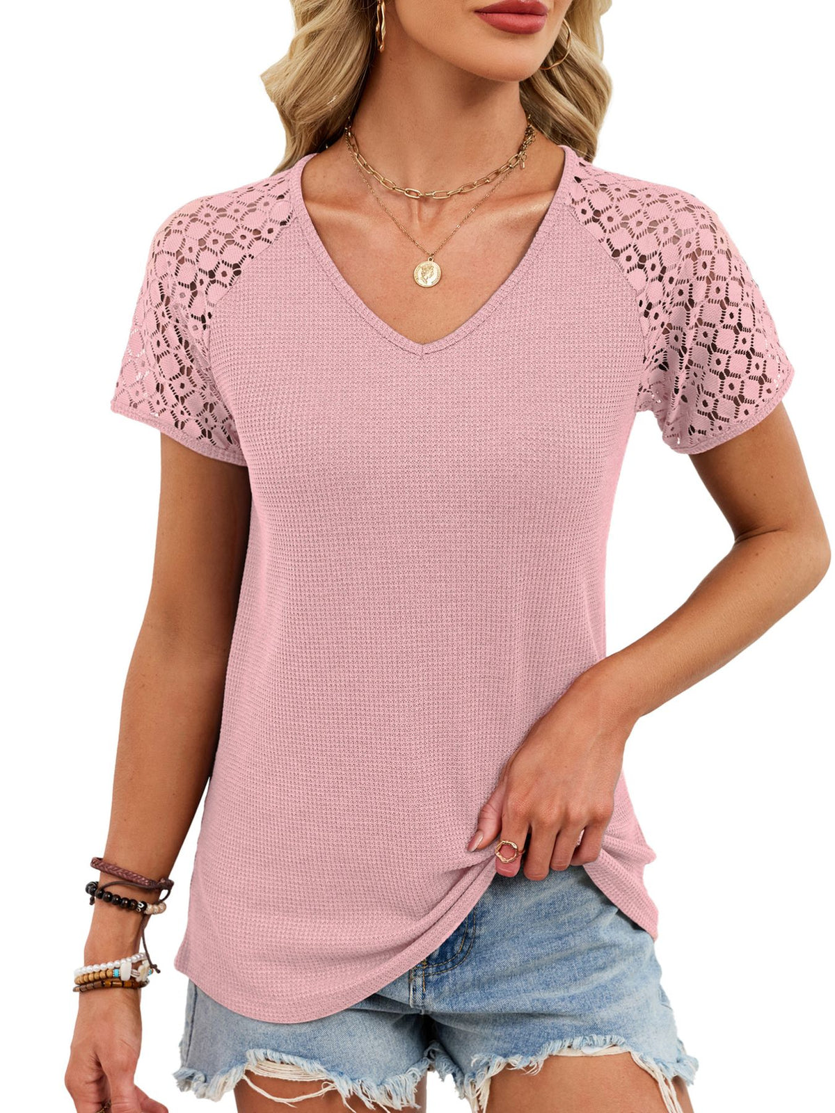 Lace Sleeve V-neck Waffle Knit T-shirt (23)