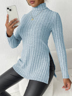 Ribbed Turtleneck Long Sleeve Slit T-shirt (12)