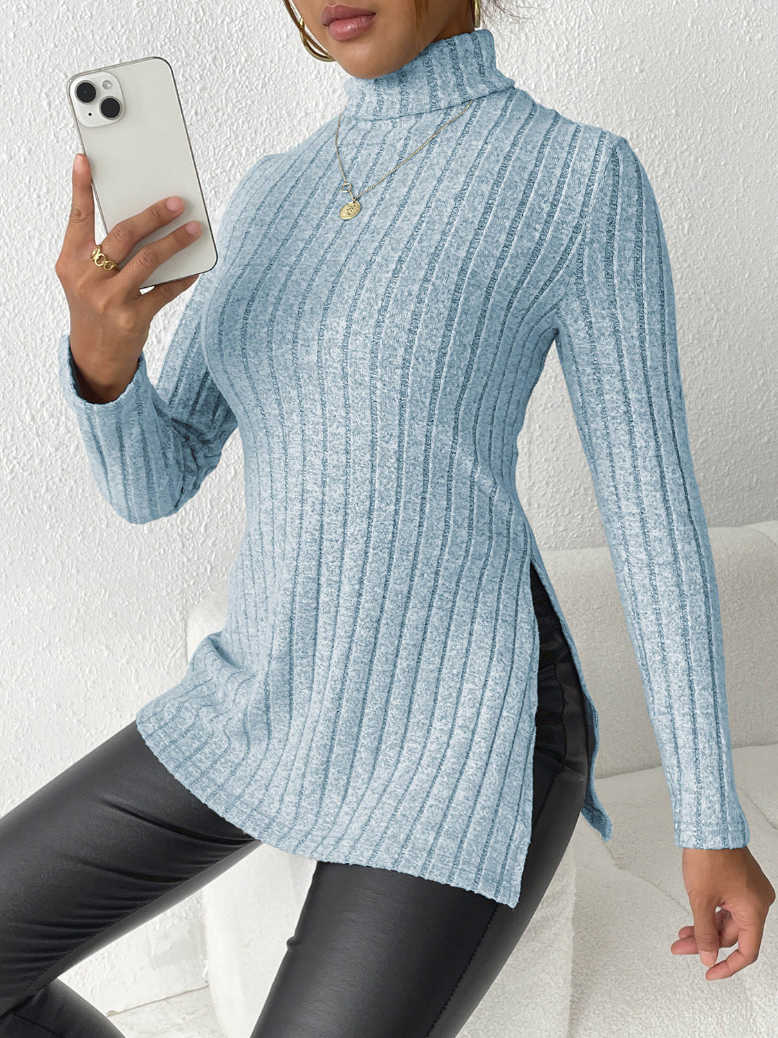 Ribbed Turtleneck Long Sleeve Slit T-shirt (12)