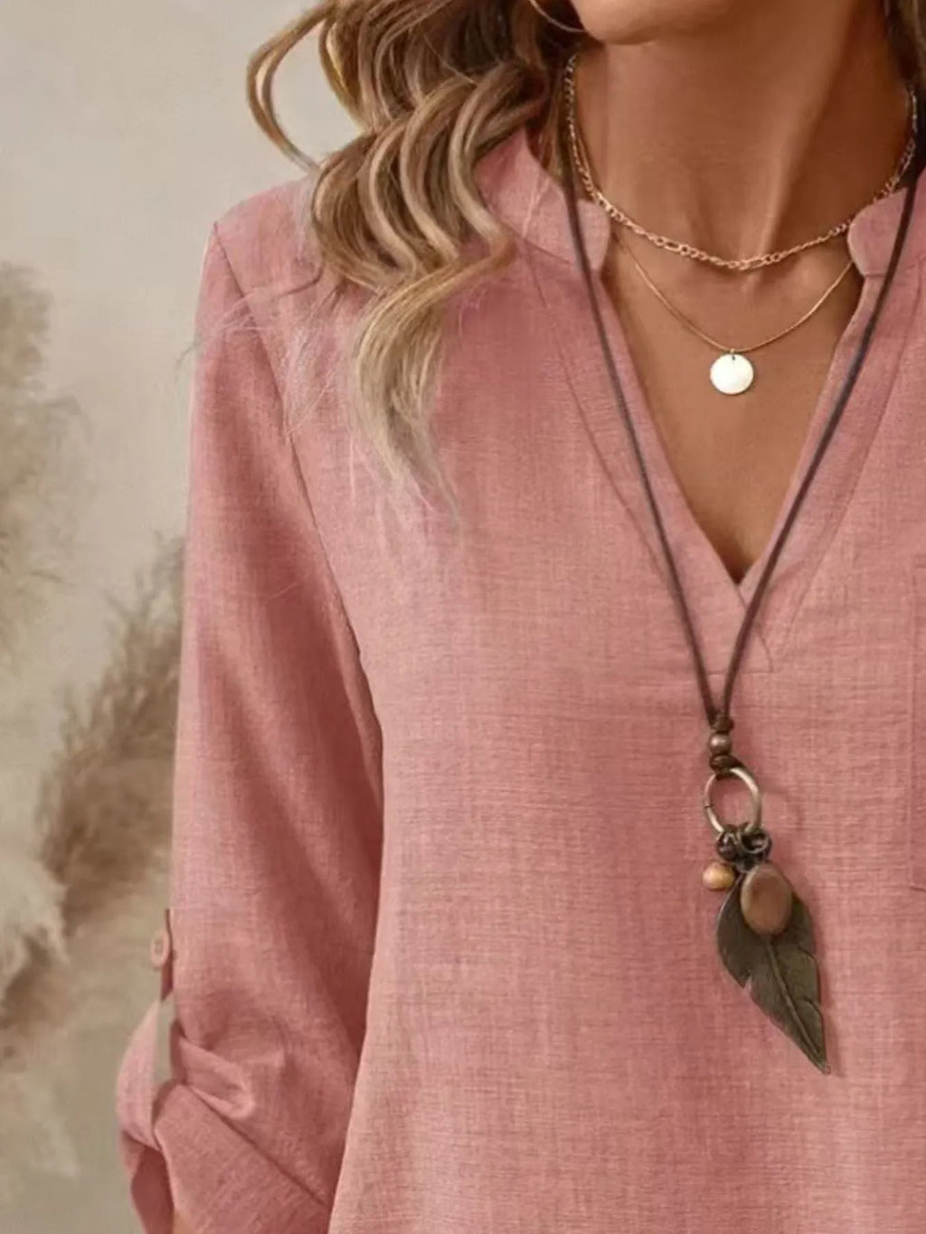 Casual Notched Roll-up Sleeve Pocket Blouse (14)