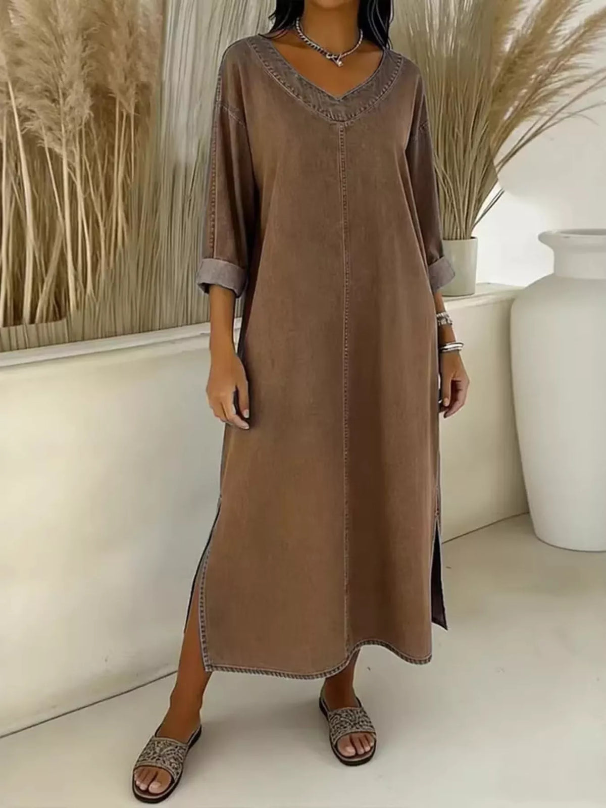 Side Slit V-neck Midi Dress (7)