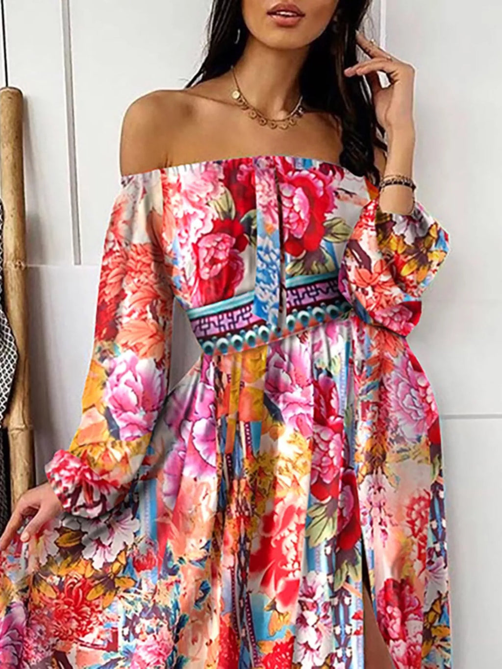 Slit Printed Off Shoulder Maxi Dress (4)