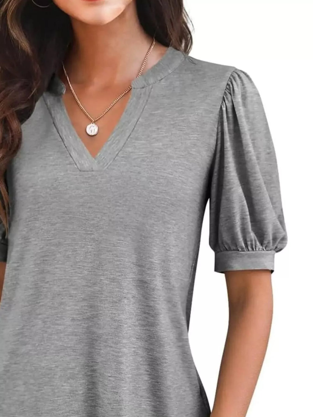 Puff Sleeve Notched Casual T-shirt (29)