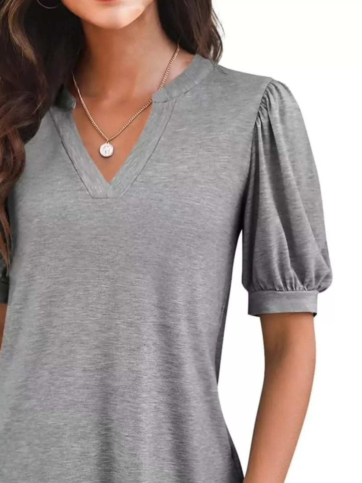 Puff Sleeve Notched Casual T-shirt (29)