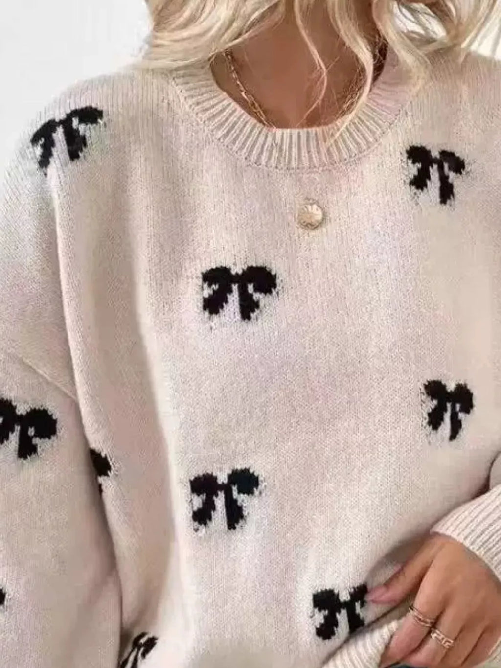 Bow Round Neck Dropped Shoulder Sweater (5)