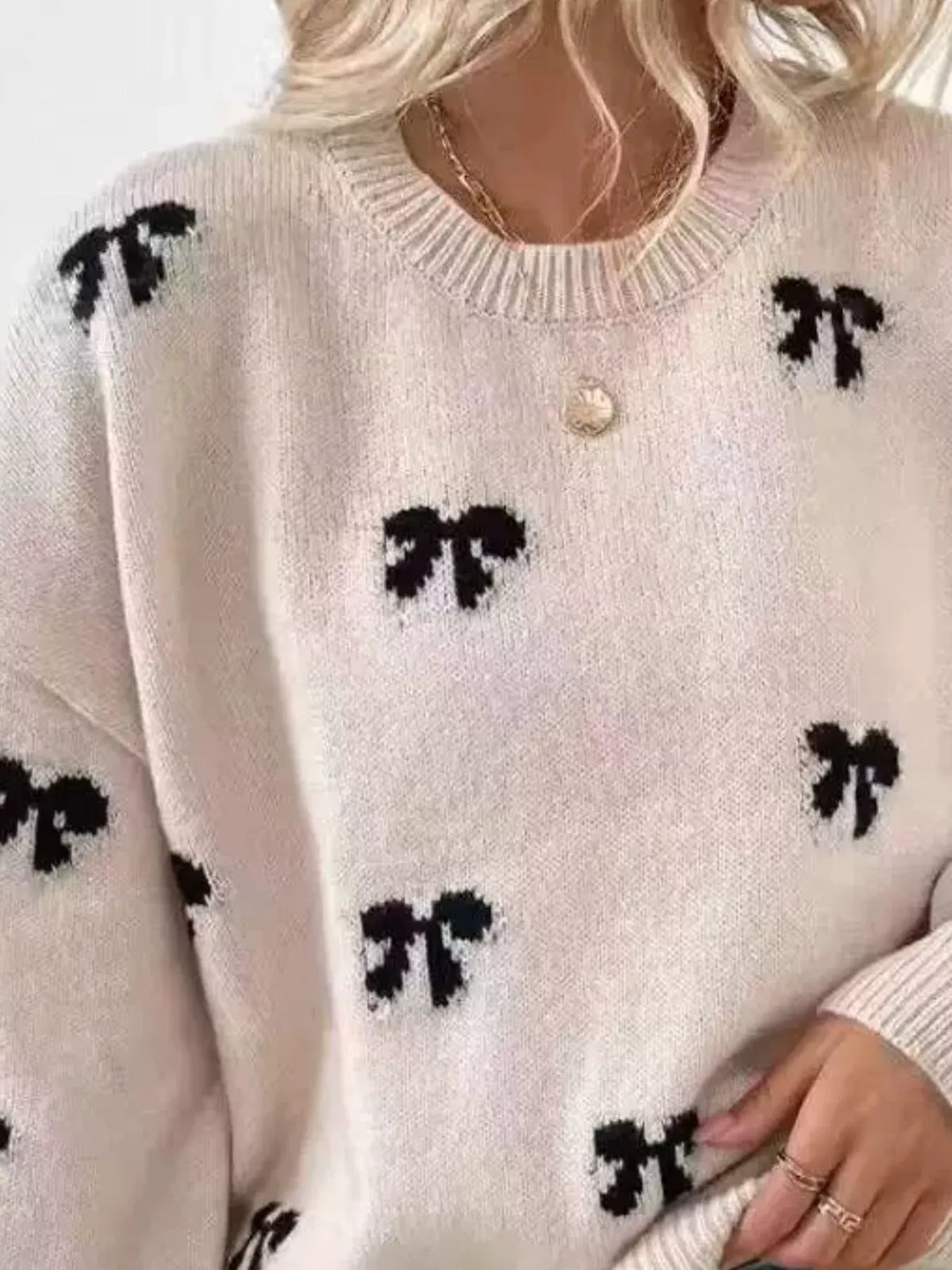 Bow Round Neck Dropped Shoulder Sweater (5)