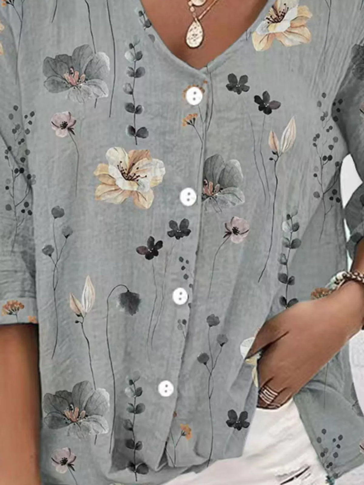 Floral Print V-neck Button-down Shirt (8)