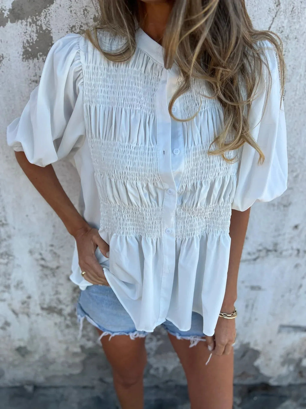 Full Size Smocked Button Front Puff Sleeve Shirt Plus (2)