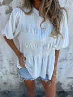 Full Size Smocked Button Front Puff Sleeve Shirt Plus (2)