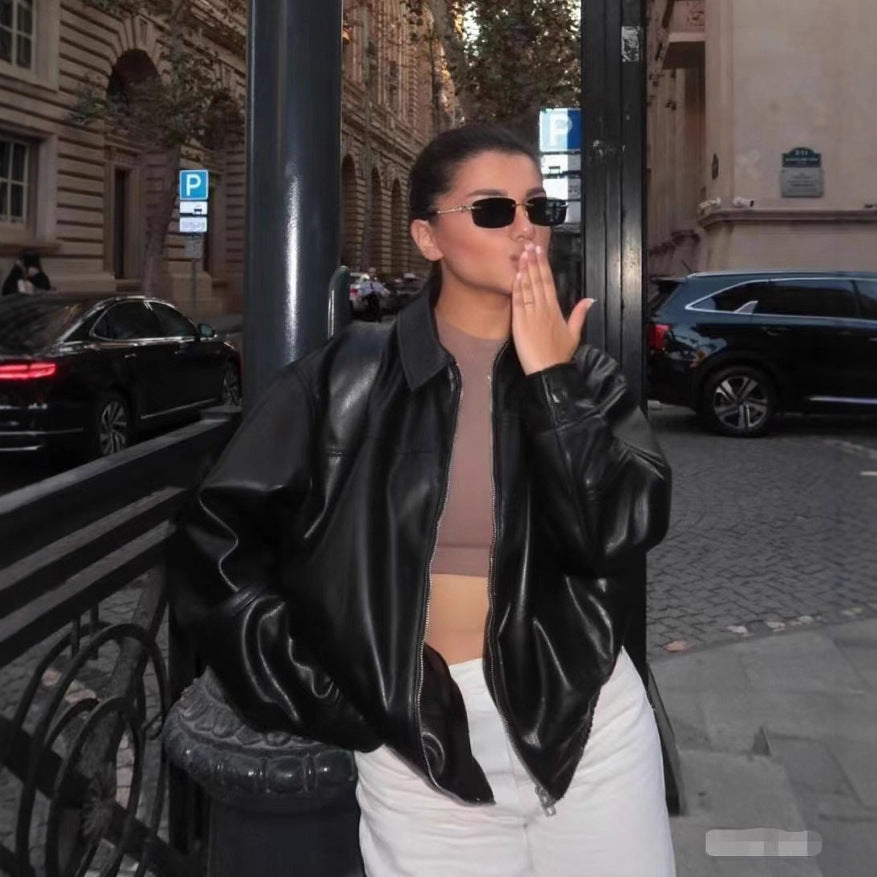 Versatile Faux-leather Bomber Jacket photo 1
