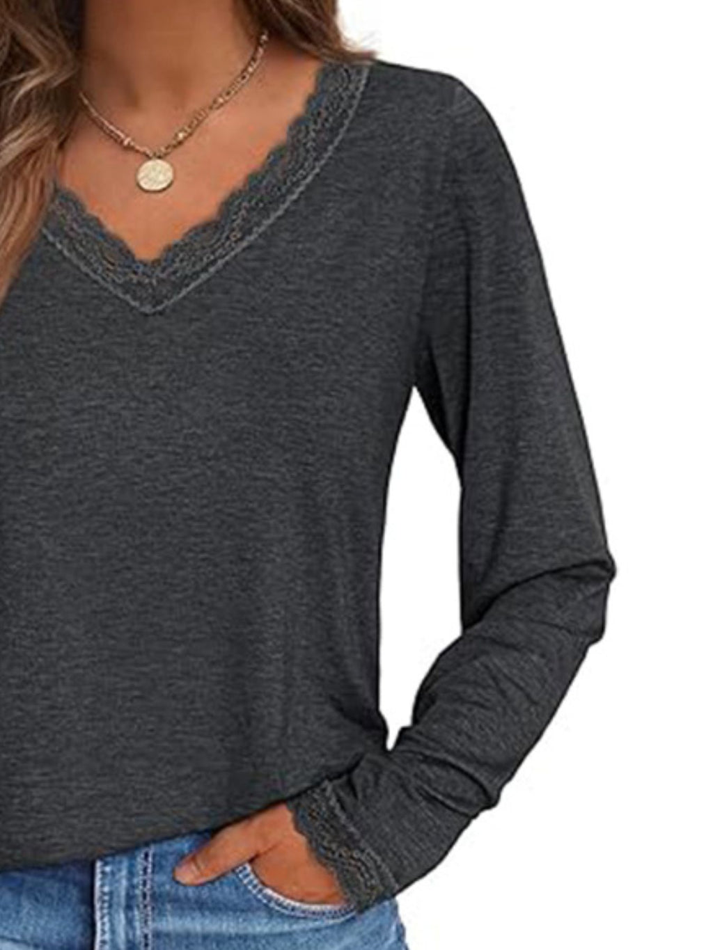 Lace Trim V-neck Long Sleeve T-shirt (19)